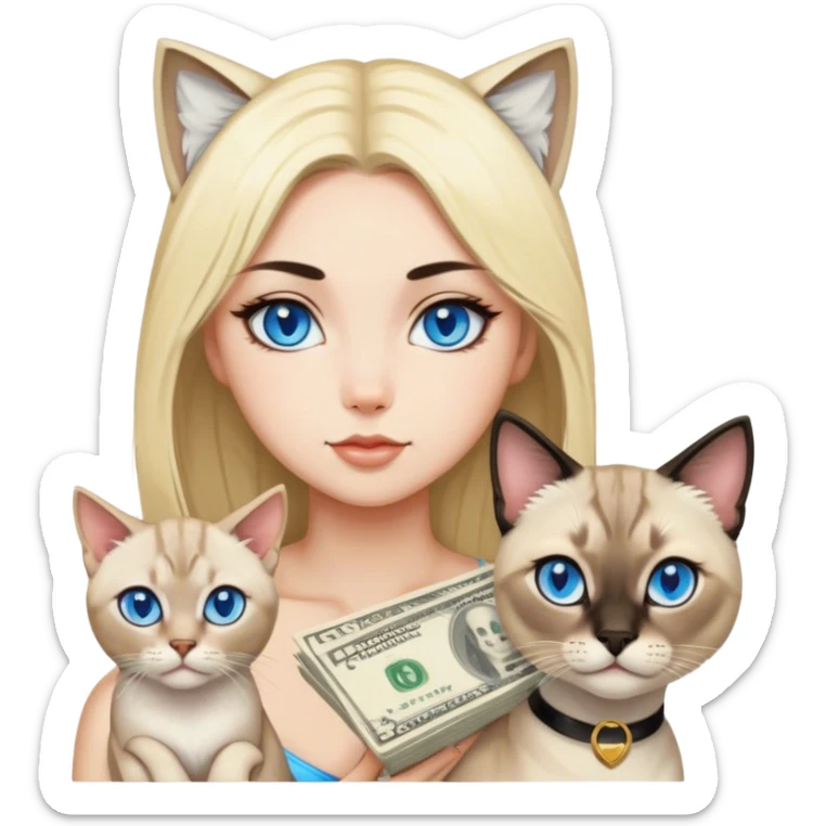 point lynx siamese cat with blue eyes and a girl with black hair and blonde money pieces in the front of the hair sticker