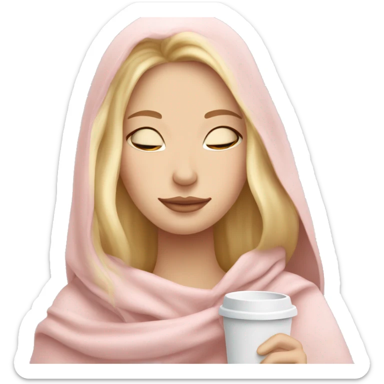 Blonde girl inside a light pink blancket sipping coffee eyes closed white skin blue eyes  sticker
