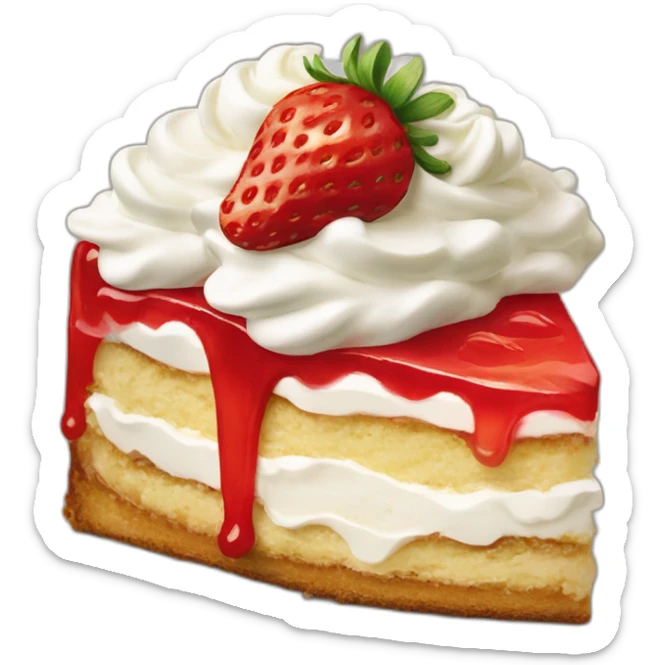 Slice of strawberry shortcake, layered with whipped cream and topped with a whole strawberry sticker