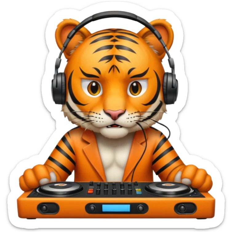 Un tigre enfadado con una mesa de dj . Lo quiero más profesional con unos audífonos y cara de astuto  sticker