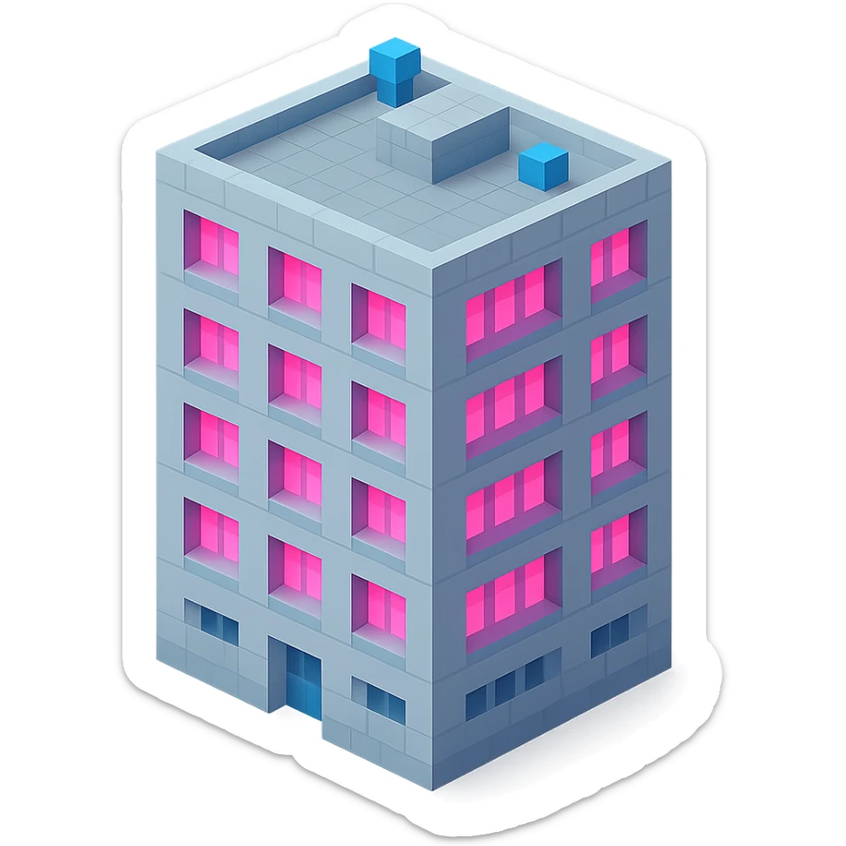 Russian panel apartment building, modern square block, light gray, windows with bright pink glow, isometric view sticker