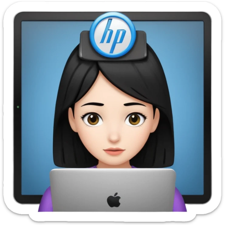 A girl is in front of an HP computer, holding it to her head, and her hair is black. sticker