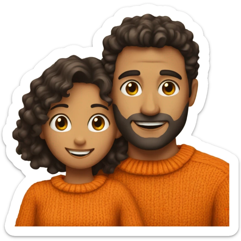 Man with dark hair in orange sweater hug girl with dark brown curly hair sticker