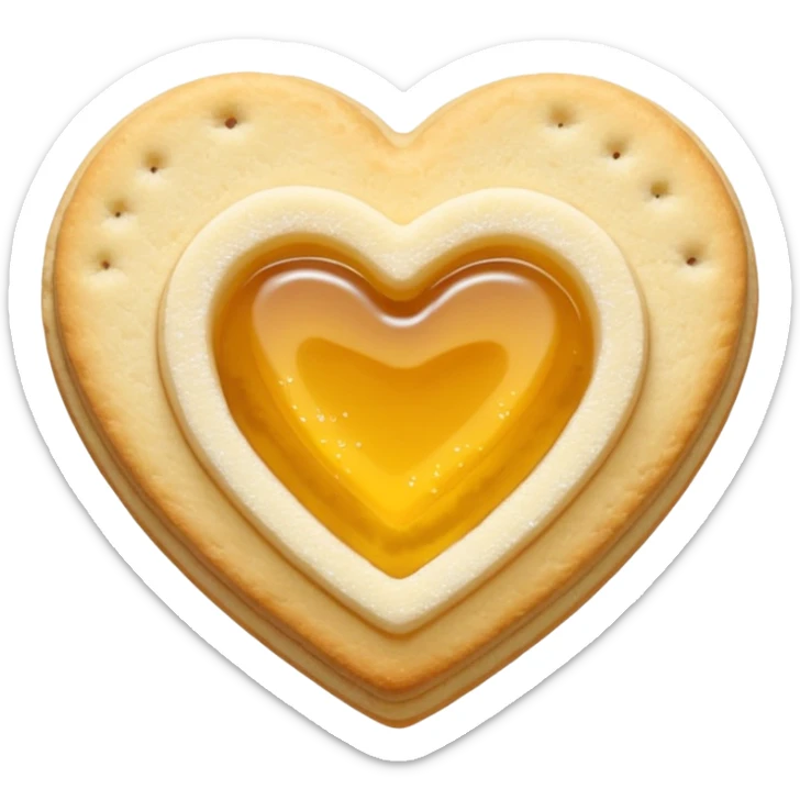 Realistic shortbread cookie in the shape of a heart with pale yellow jelly middle filling and sprinkled powder sugar on top. sticker