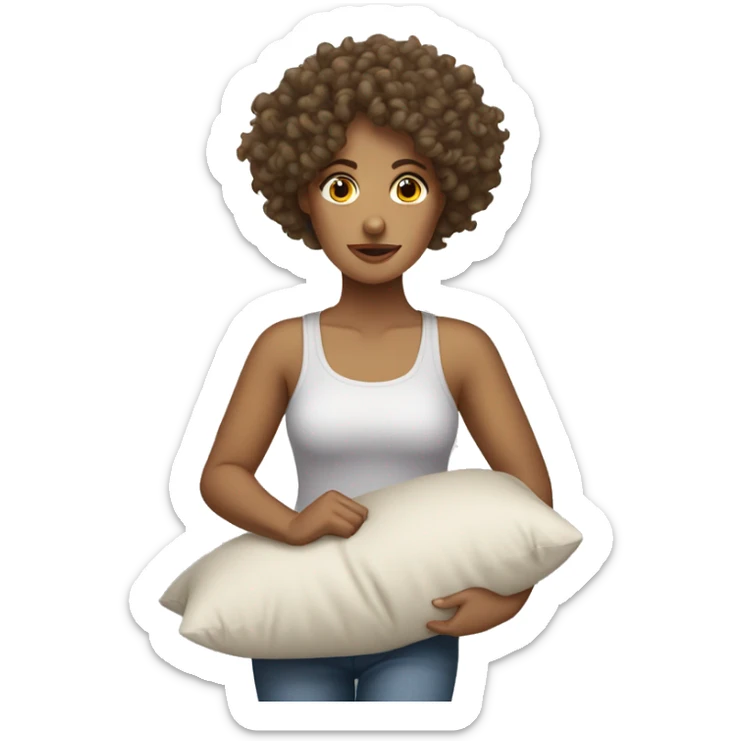 curly haired woman with light tanned skin walking tired dragging a pillow sticker