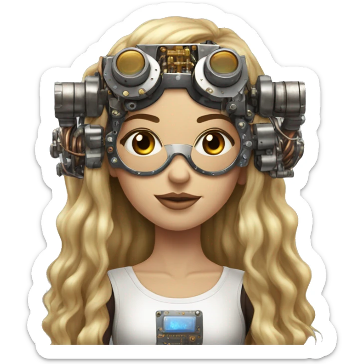 Brown long hair with blonde steaks female cyborg head, fair skin, steampunk goggles and circuits sticker
