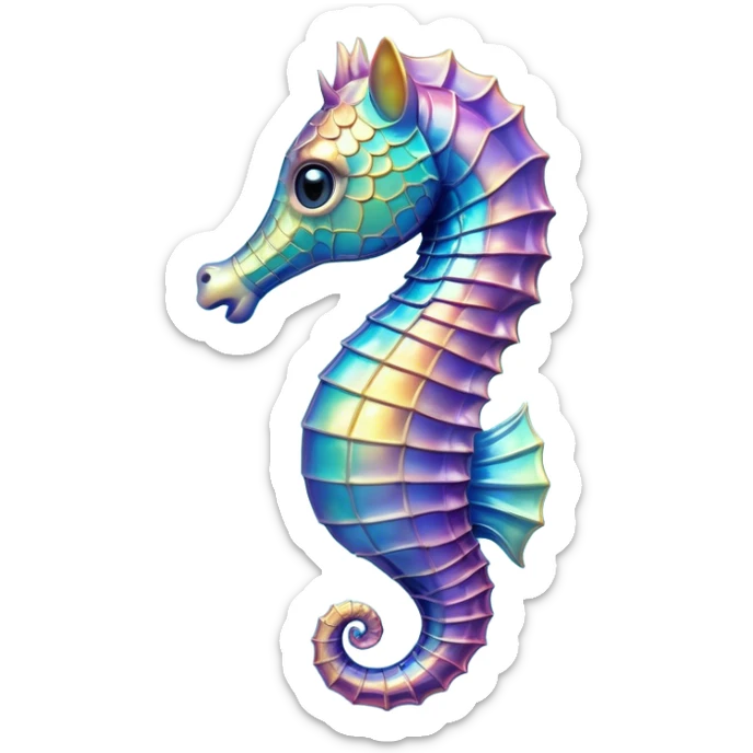 Cinematic Realistic Cute Sea Horse Portrait Emoji, Head tilted playfully and inquisitively, featuring a delicate, curvaceous form with intricately rendered, iridescent scales and a charming, expressive face with round, sparkling eyes full of gentle curiosity, high shine, affectionate and whimsical, styled with a touch of aquatic magic, soft glowing outline, capturing the essence of a mischievous yet lovable sea horse that seems poised to flutter out of the screen into your embrace! sticker