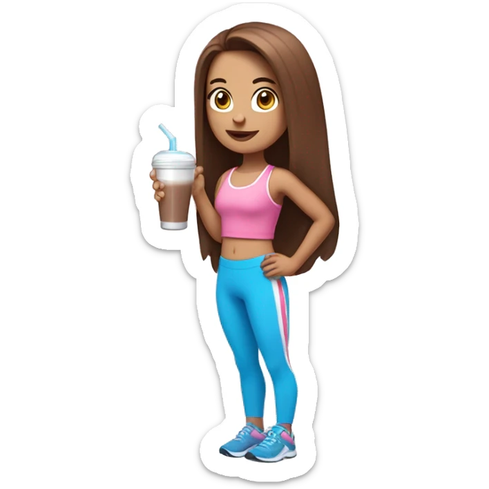 a girl with brown long straightened hair and blue eyes with pink leggings and pink sports top with a protein shake in her hand sticker