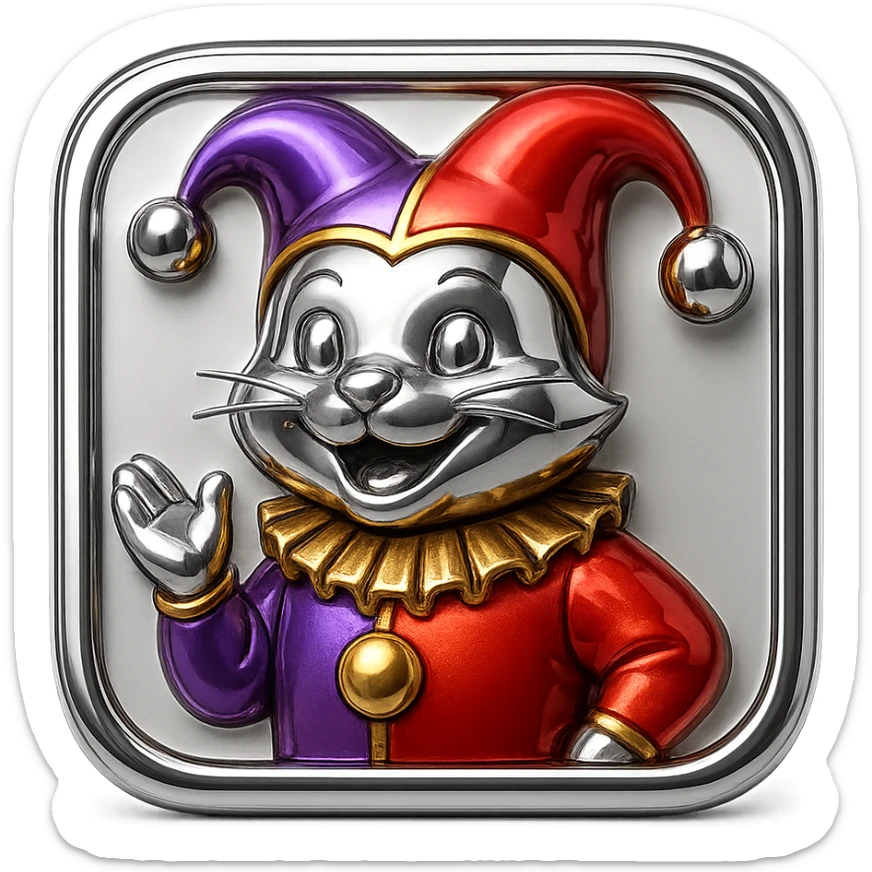 crazy colorful cute little cat jolly joker from poker, medieval, vintage, court jester, mac os icon, purple, gold and red color, half body. Squared shape as 3D mac os icon sticker