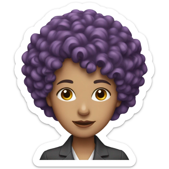European, purple curly hair, woman, middle-aged, professional attire. sticker