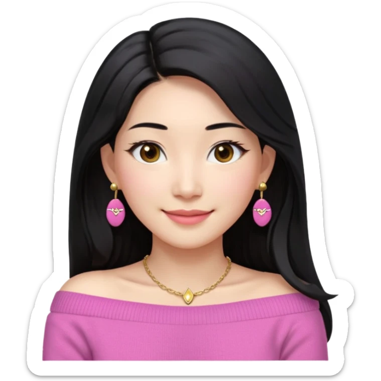 South Korean girl in her mid-thirties with long black hair parted in the middle. She is wearing a pink, off the shoulder long sleeve knit sweater, extra small gold earrings and a gold necklace. She has brown eyes with narrow, mono lid shape and smiling with lips together sticker