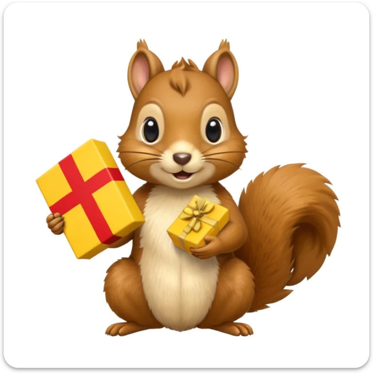 a squirrel holding a yellow gift box in one hand and a Swiss flag in the other, both objects clearly visible, simple white background, the gift is a different color from the flag sticker
