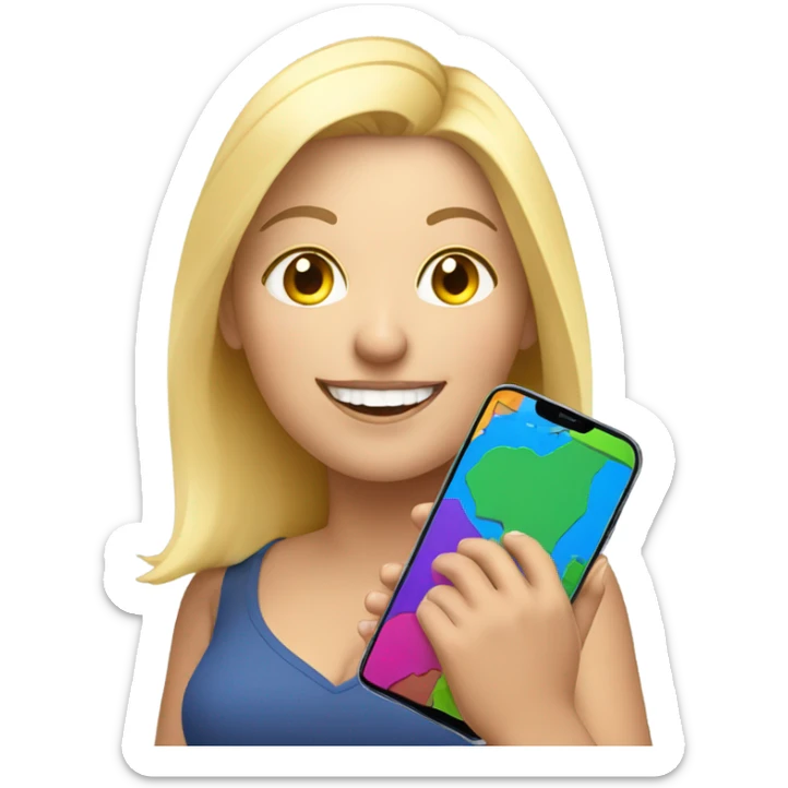 overweight blondie woman happy with a smartphone in hands showing colorfull charts sticker