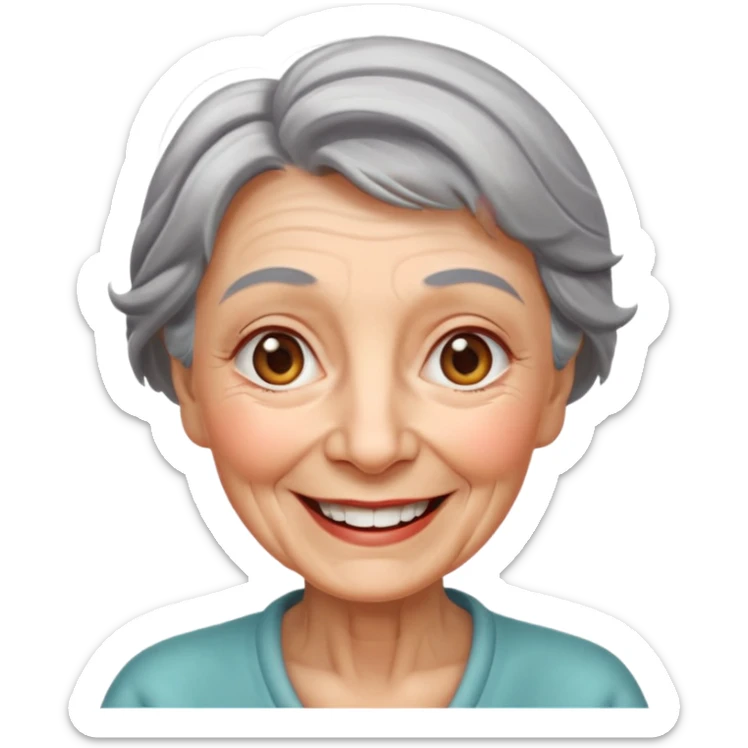 emoji of a smiling elderly woman with wrinkles, gray or silver hair, kind expression, Apple emoji style sticker