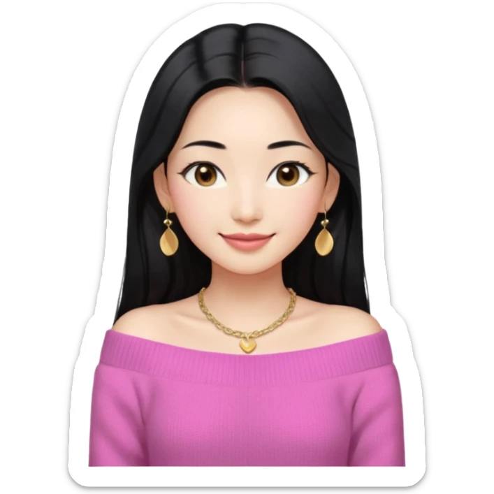 South Korean girl in her mid-thirties with long black hair with a middle part. She is wearing a pink, off the shoulder long sleeve knit sweater, extra small gold earrings and a gold necklace. She has brown eyes with narrow, mono lid shape and smiling with lips together sticker