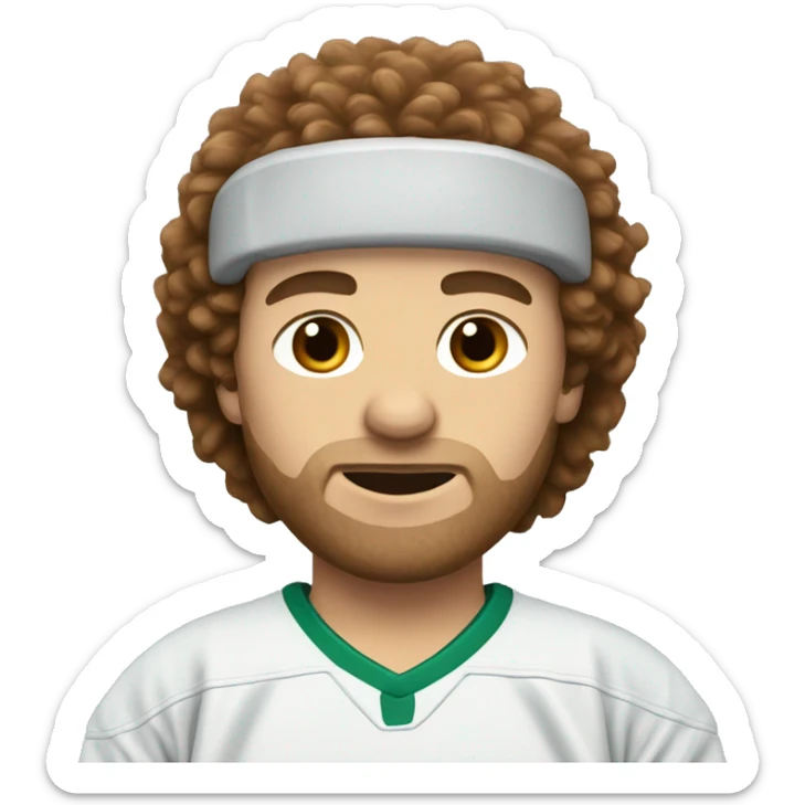 White male with brown fluffy hair with hockey jersey on sticker