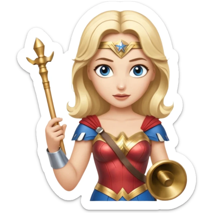 Blonde blue eyed Wonder Woman holding white orchestra conductor’s baton and bell sticker