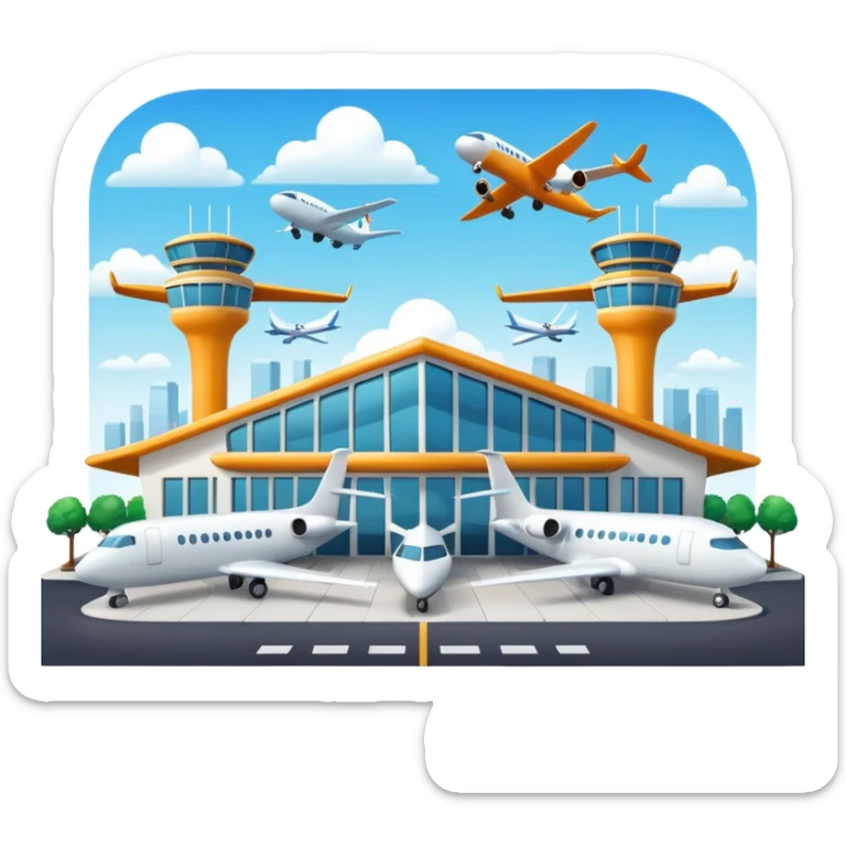 A 3D cartoon airport terminal building with glass windows and airplanes nearby, clean lighting, Memoji-style rendering. sticker