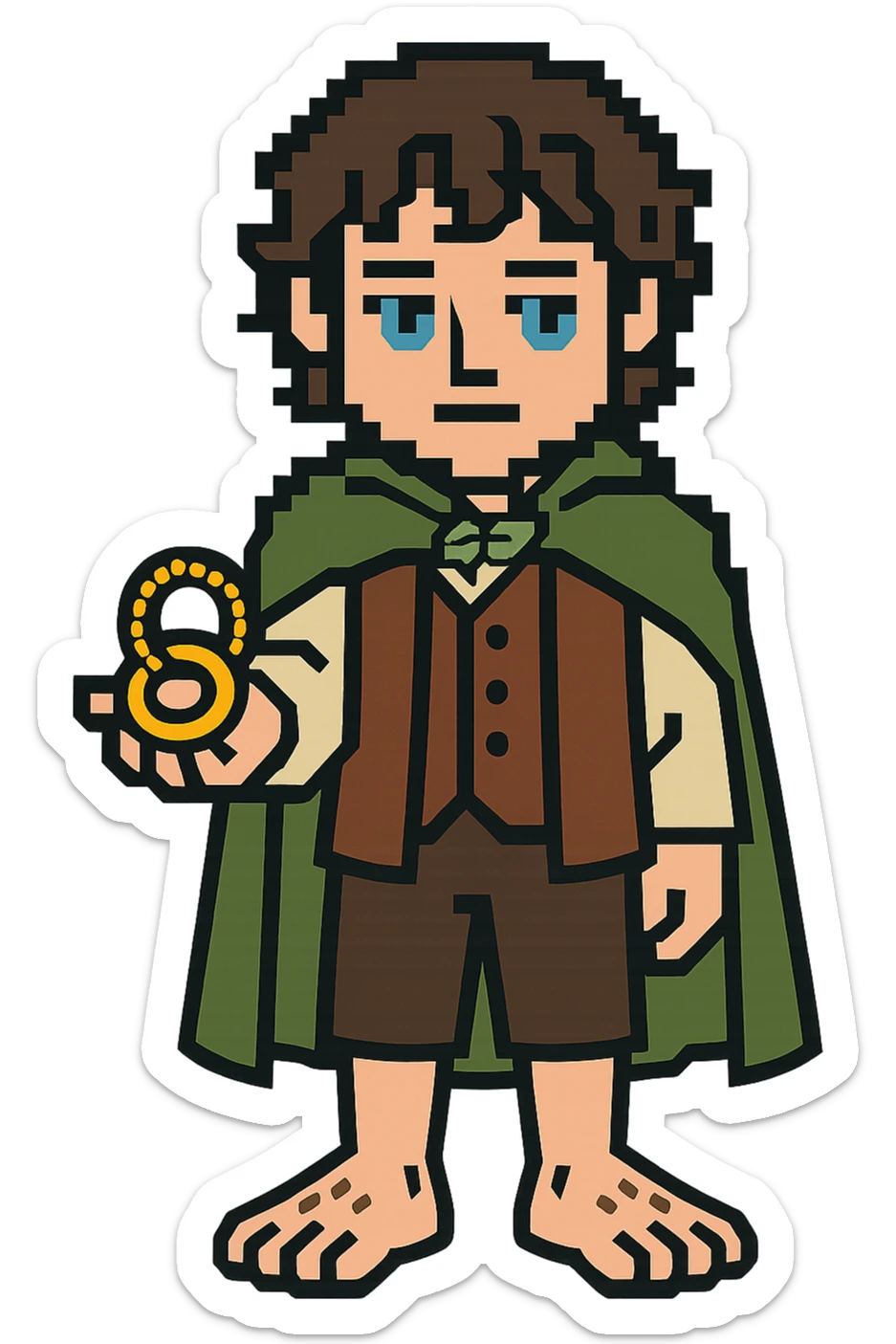 Whole body image of Frodo Baggins from the lord of the rings movie in pixel art style. Make Frodo look like the actor that portrayed him in the movie, Elijah Wood, blue eyes and dark curly hair. Frodo is wearing the same green elven cloak with the leaf buckle, brown vest, cream undershirt, dark brown leather short pants, and hairy hobbit feet. He is holding the one ring in the palm of his outstretched hand. the ring is golden yellow and a golden link chain necklace is strung through it. sticker