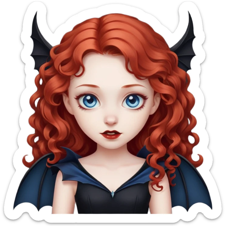 vampire girl with long curly red hair and blue eyes, in a black with bat wings sticker