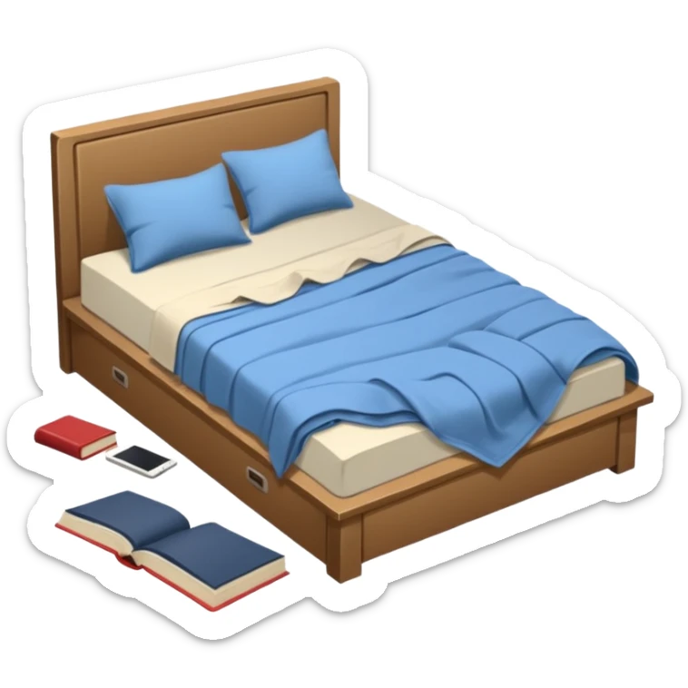 messy bed with a wrinkled blanket, the pillow out of place on the floor. Around the bed, scattered items include a t-shirt, pants, and an open book on the floor. sticker