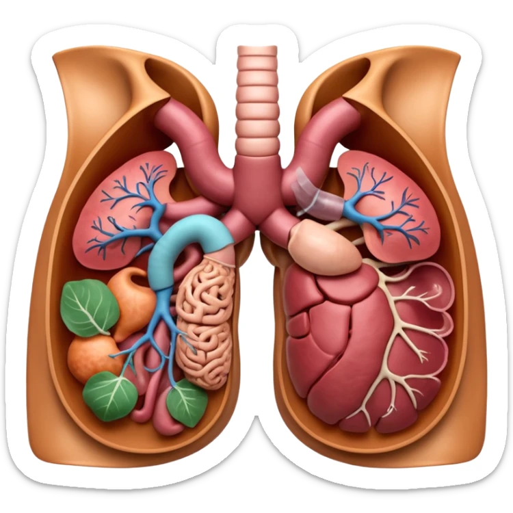 A highly detailed 3D accurate and anatomical model of the belly of a human, including the intestines, stomach, kidneys etc. Medical illustration style, realistic lighting, neutral background, hyper-detailed, scientific accuracy, 8K resolution sticker