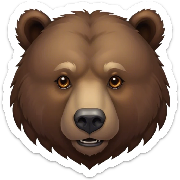 Cinematic Noble Grizzly Bear Portrait Emoji, Poised and regal, with a massive, powerful build and a thick, rugged deep brown fur, piercing deep-set soulful eyes, Simplified yet sharp and sophisticated features, highly detailed, glowing with a soft, dignified glow, high shine, intelligent and formidable, stylized with an air of untamed wilderness, focused and attentive, soft glowing outline, capturing the essence of a watchful and commanding guardian, so majestic it feels as though it could lumber out of the screen with effortless authority! sticker