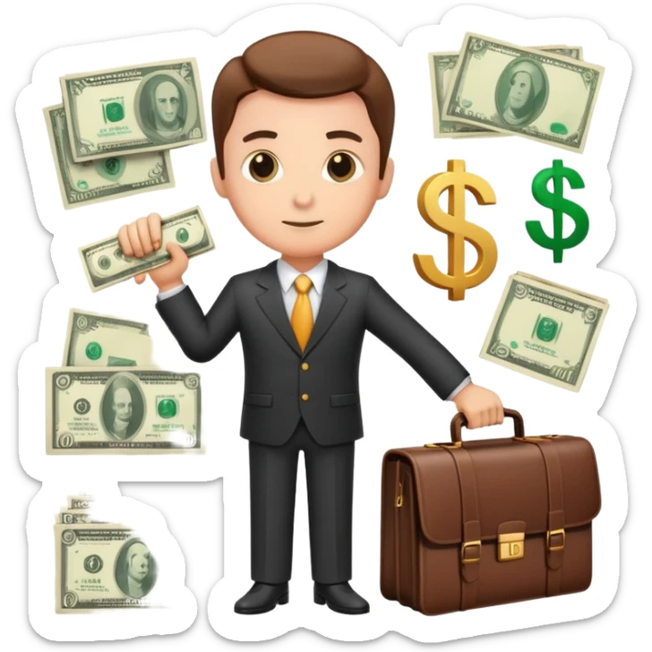 financial expert with business suit, briefcase, charts and money symbols sticker
