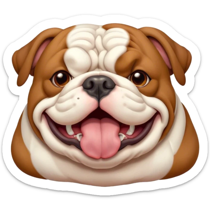 Cinematic Cute Yawning Brown and White English Bulldog Portrait Emoji, Head tilted slightly with a dramatic, wide-open yawn, showcasing a smooth brown and white coat with a defined pattern, floppy ears slightly drooping, round brown eyes barely open in drowsy contentment, Simplified yet irresistibly adorable features, highly detailed, glowing with a soft, cozy glow, high shine, relaxed yet expressive, stylized with a touch of whimsy, bright and endearing, soft glowing outline, capturing the essence of a sleepy yet affectionate guardian, so drowsy it feels like it could stretch out of the screen and curl up for a nap! sticker