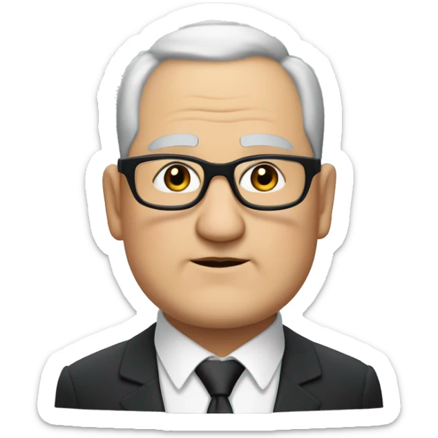 Chubby man of about 60 years of age with a bald shin. Small round glasses and dark eyes. Grey hair and a double chin. Chubby pointed nose. Wearing a black suit with waistcoat and tie. sticker