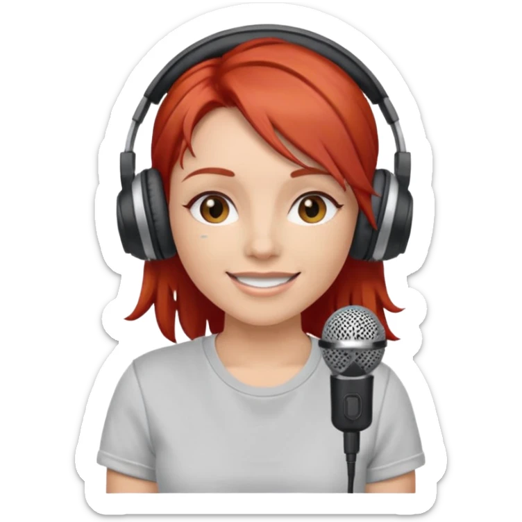 Female, happy, wearing headphone having mic, t-shirt, red hair
 sticker