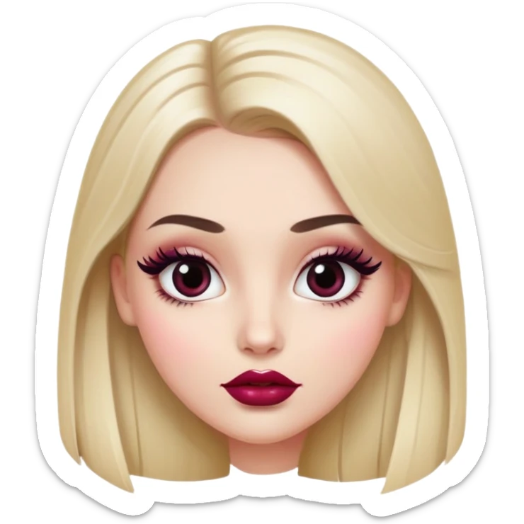 White girl with oval face, huge round black eyes, big eyelashes, berry colored lips, shiny full lips, face closeup, long straight middle-parted hair sticker