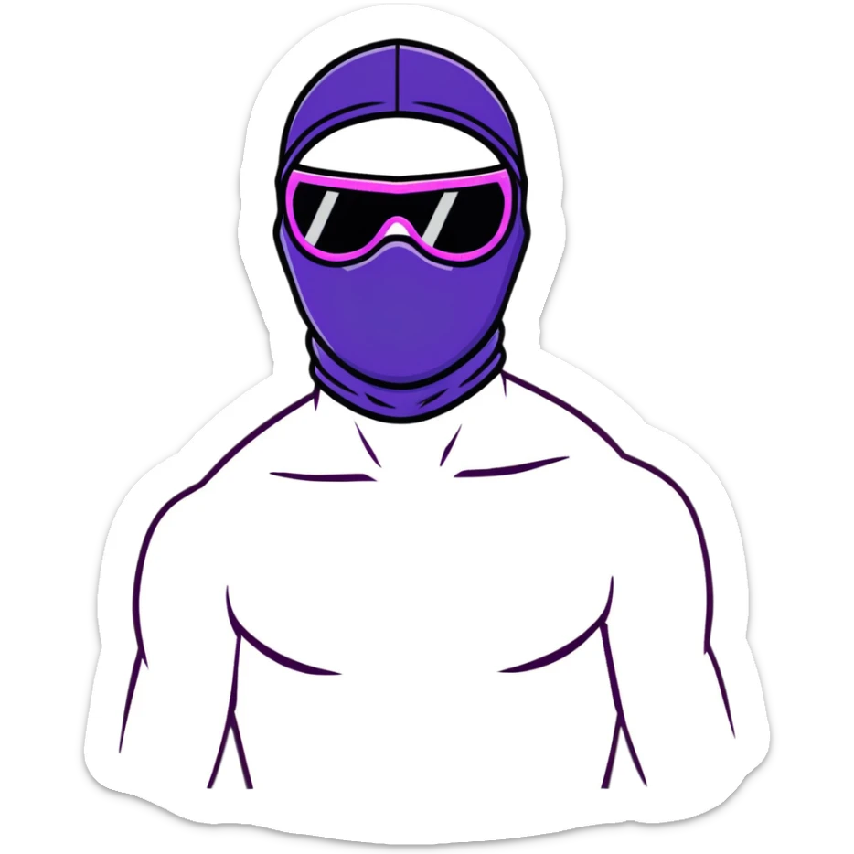 shirtless athletic man with white skin, wearing a purple balaclava face mask and purple sunglasses with black tinted lenses sticker