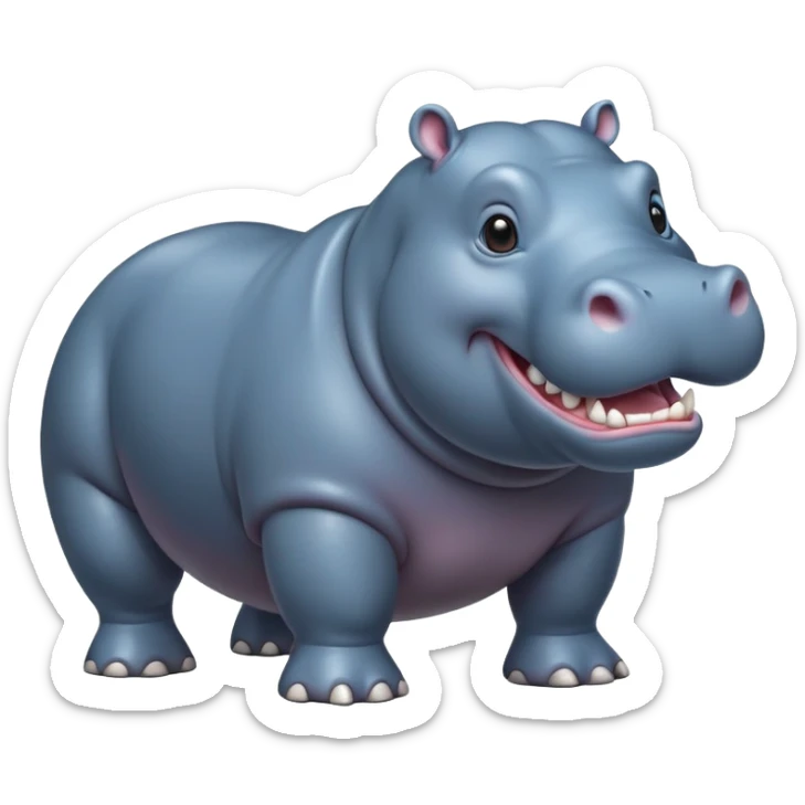 cinematic-hippo-realistic-full-body-side-view-standing-on-all-fours-emoji,-massive-round-frame,-wide-mouthed-grin-exposing-huge-teeth,-head-tilted-dramatically,-thick-greyish blue-hide-glossy, big cute eyes sticker