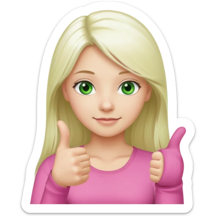Long platinum blonde hair girl with green eyes in  pink top showing a thumbs up  sticker