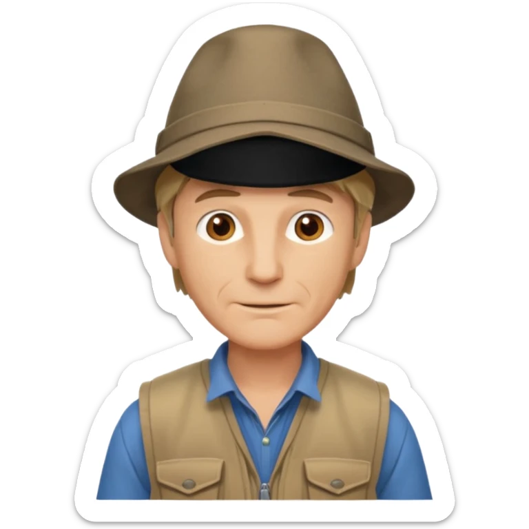 create an emoji of an adult man with wrinkles and a adventurer hat (Indiana. jones style), he has extremely short dark blonde hair, brown eyes and a light brown adventure vest sticker