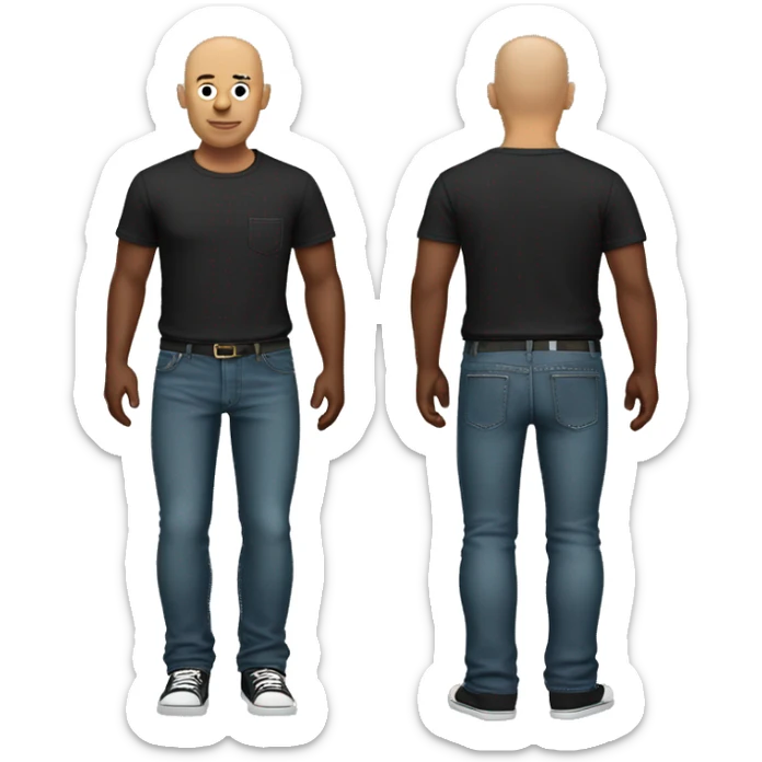 Standing bald man with a black and wine t-shirt with a pocket and a jeans pants sticker