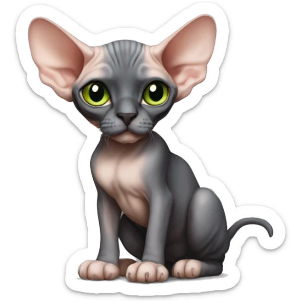 The Sphynx cat is sitting, she has not bright green eyes and black ear pads. there is black fur on her nose sticker