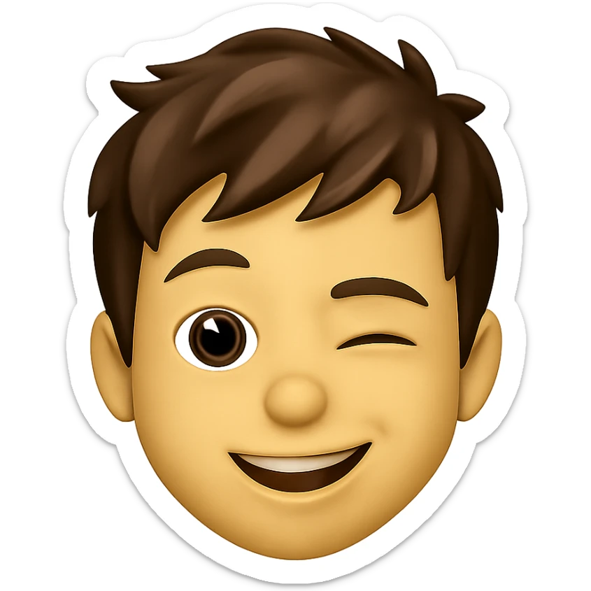 emoji face of a young person with short tousled brown hair, light skin, winking expression sticker