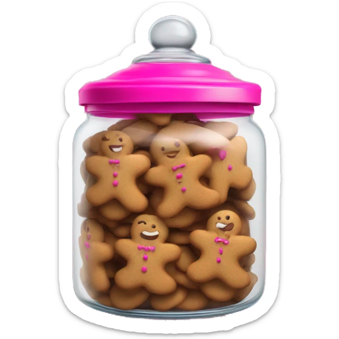 Realistic glass cookie jar with hot pink lid full of gingerbread cookies isolated.  sticker