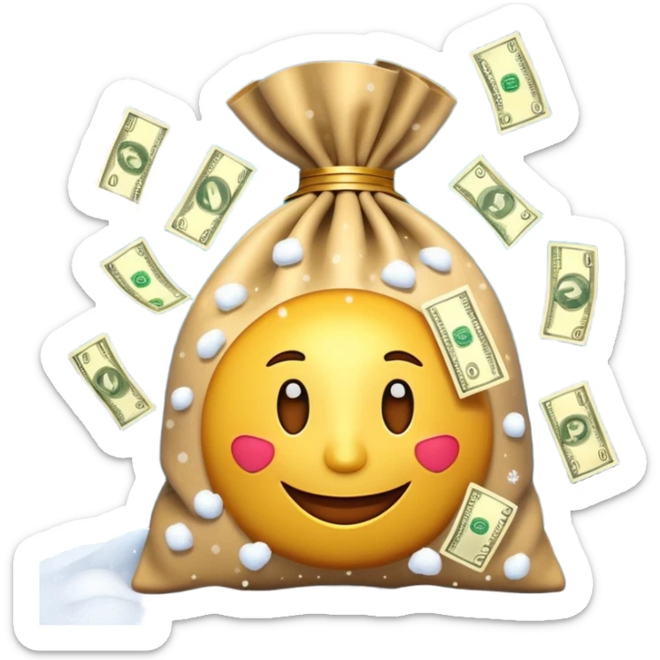 3D emoji style, money bag with dollar bills, New Year theme, snow particles, festive lighting, rich vibe, high detail, transparent background

 sticker
