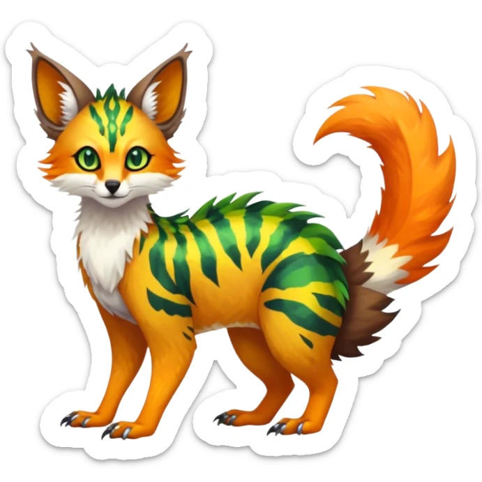Feral Rare Fantasy vibrant colorful tropical Vernid-Trico-species by LiLaiRa, random markings, tufted tail, tufted ears, full body sticker