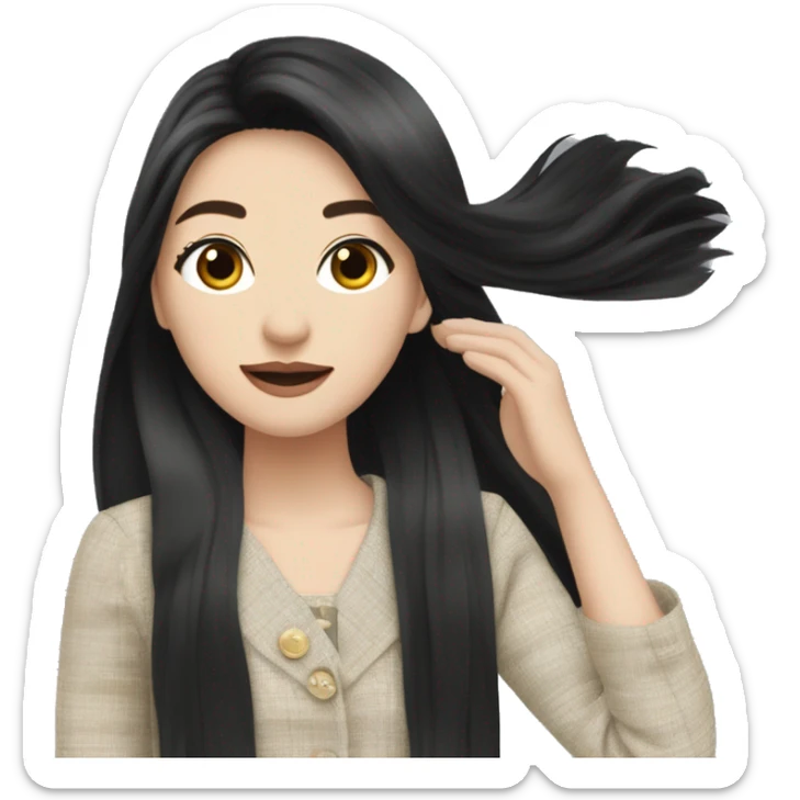 A very beautiful pale Asian girl with silky long black straight hair,waving in the wind,she wears headband and wearing chanel tweed sticker