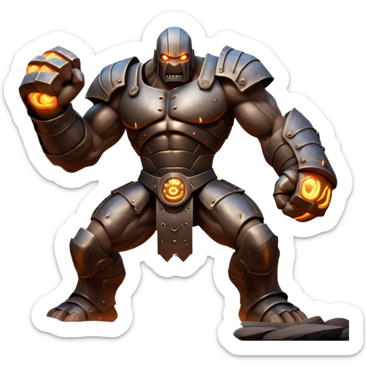 Cinematic Fierce Mighty Iron Golem Portrait Emoji Depicted mid-action in a dynamic, battle-ready stance, massive fists clenched, the ancient metallic plates along its form shifting with raw power. Its eyes blaze like molten fire within a carved, rune-etched face, exuding both divine purpose and mechanical precision. Weathered steel and dark bronze tones are accented by glowing, arcane inscriptions, each detail meticulously crafted with lifelike metallic reflections. High shine, imposing yet regal, styled with an air of indestructible might, soft glowing outline, capturing the essence of an unstoppable colossus that looks ready to charge forth with a thunderous step! sticker