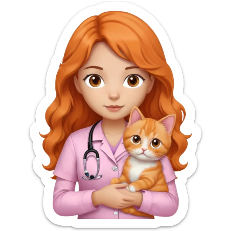 a girl with long way hair and dark brown eyes, wearing a plain baby pink fitted shirt with a stethoscope on her neck while holding her orange persian cat sticker