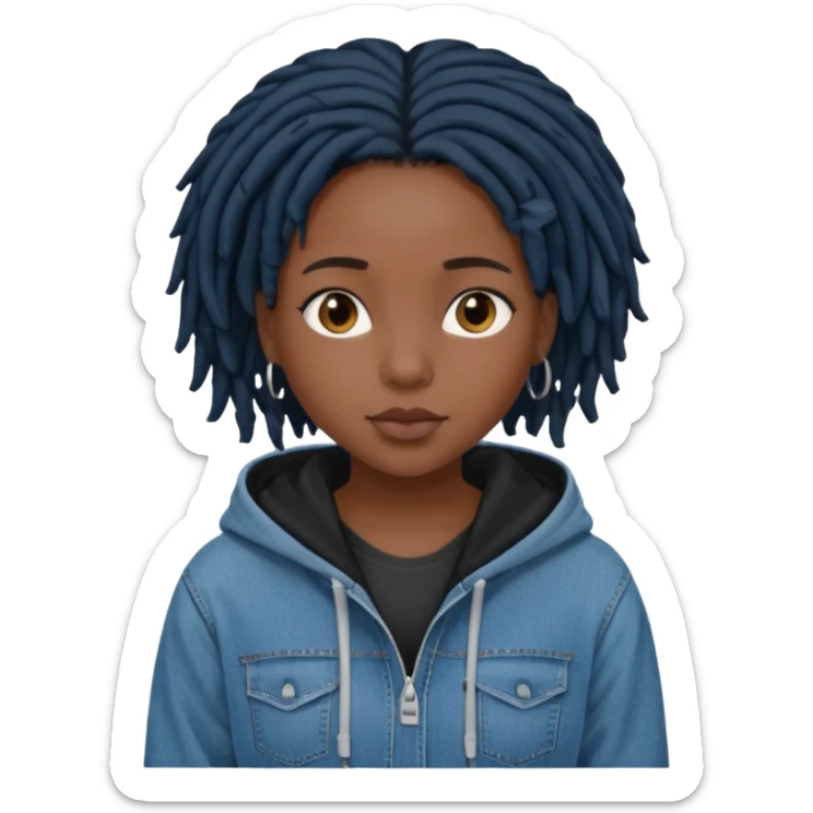 make a black girl with short black locs wearing a denim hoodie with black sleeves sticker