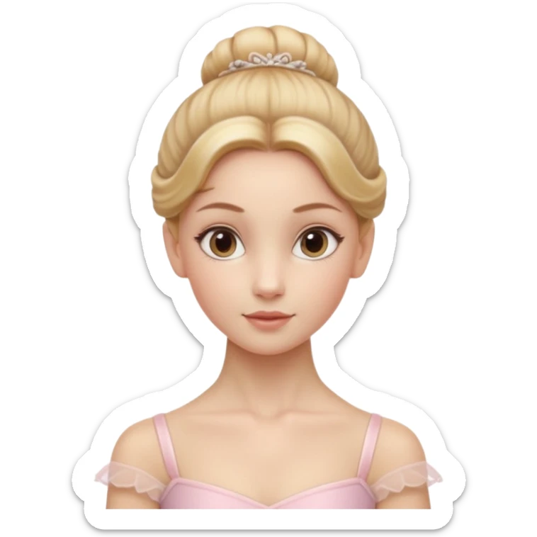 Cinematic Realistic Ballerina Portrait, depicted with lifelike skin texture, subtle rosy undertones, and soft natural lighting that enhances the gentle contours of her face. Her intricately detailed golden blonde hair is elegantly styled in an updo, sticker