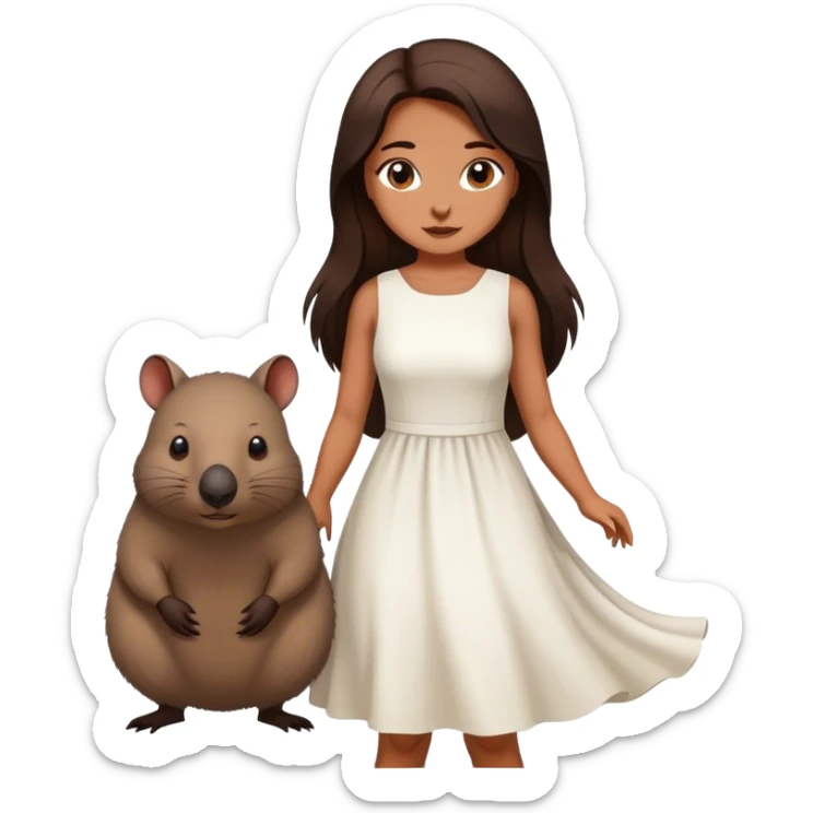 Beautiful woman in 1950’s woman fashion look, white dress, long dark brown hair, wombat sticker