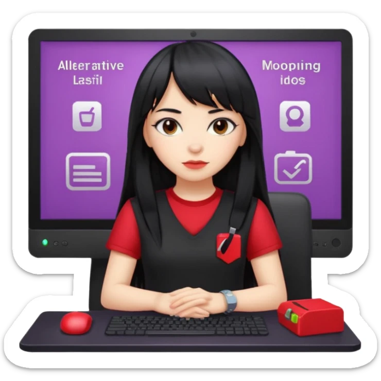 lilac girl with long hair and bangs worker and acessories with a pc worten the clothes black like an alternative bue the shirt in red with worten on the right side very small sticker