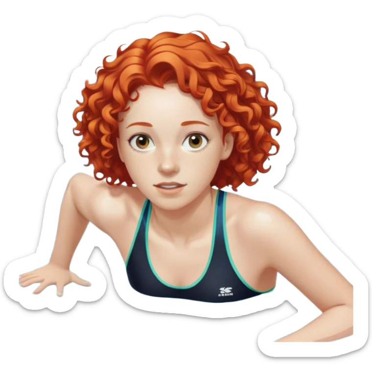thin 18-year-old white female athlete swimmer with curly red hair about to enter a pool sticker